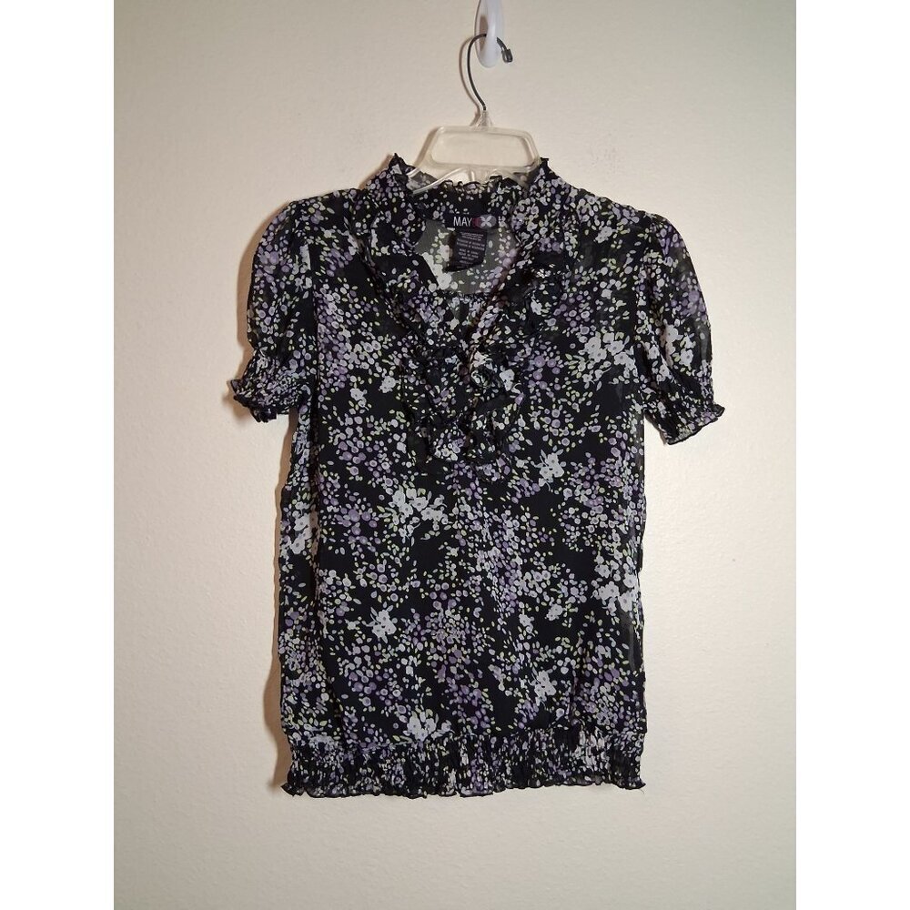 MAYBE Blouse Business Casual Floral Granny Cottage Y2K Boho Top Black Size Small